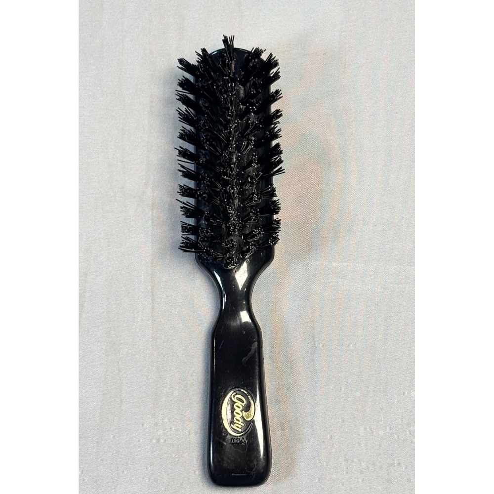 Vintage Goody Hair Brush Black Gold Logo Made in USA Travel Size Purse Brush